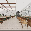 Spacious Restaurant Interior With Wooden Ceiling Beams Chandeliers Arched Windows Green Cushioned Seats And Plants