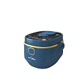 Blue Rice Cooker Kitchen Appliance On White Countertop With Marble Wall Tiles