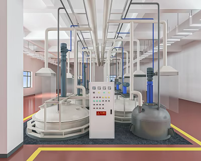 Industrial Factory Equipment Layout With Pipes Control Panel And Machinery 3d model