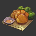 Golden Fried Pastries Served With Green Broccoli And Dipping Sauce On Tray