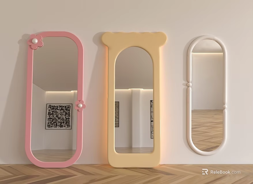 Colorful Decorative Cute Shaped Mirrors Pink Yellow White Wall Mounted In Room Interior 3d model 