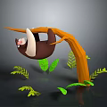 Low Poly 3D Sloth Hanging Upside Down On Orange Branch With Green Leaves 3d model