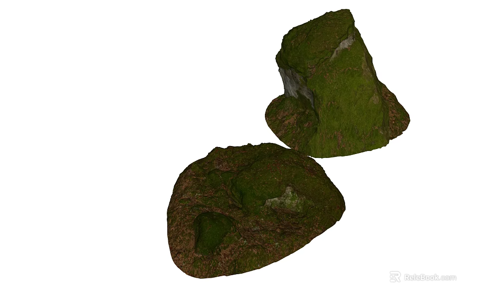 Natural Stones And Wooden Elements Covered With Green Moss In Outdoor Scene 3d model 