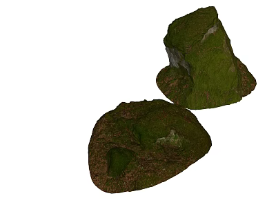 Natural Stones And Wooden Elements Covered With Green Moss In Outdoor Scene 3d model