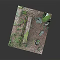 Old Wooden Moss Covered Outdoor Bench Surrounded by Grass Fallen Leaves and Stones
