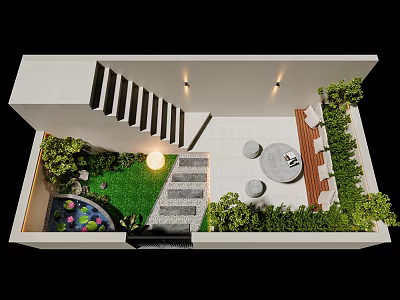 Modern Outdoor Courtyard Garden With Lush Greenery Stone Pathway And Water Feature 3d model