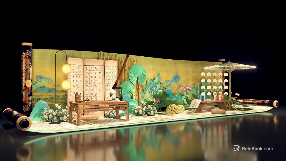 Chinese Style Photo Check-in Spot With Traditional Screen Green Plants Lanterns And Landscape Background 3d model 