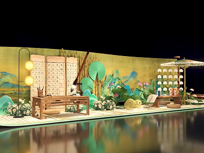 Chinese Style Photo Check-in Spot With Traditional Screen Green Plants Lanterns And Landscape Background 3d model