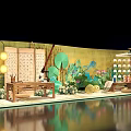 Chinese Style Photo Check-in Spot With Traditional Screen Green Plants Lanterns And Landscape Background