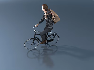 Male Commuter Riding Bicycle With Brown Backpack On Gray Reflective Surface 3d model