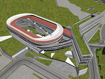 Modern School Building Circular Architectural Design with Green Lawns and Connected Walkways 3d model