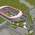 Modern School Building Circular Architectural Design with Green Lawns and Connected Walkways