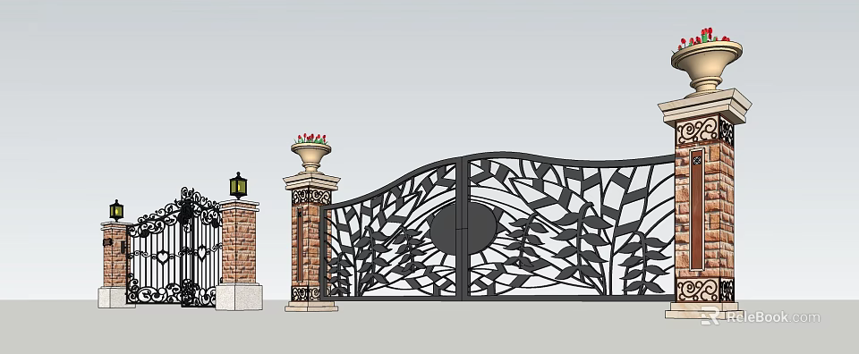 Wrought Iron Gate with Leaf Design Flanked by Brick Pillars with Flower Pots and Lanterns 3d model 