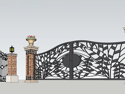 Wrought Iron Gate with Leaf Design Flanked by Brick Pillars with Flower Pots and Lanterns 3d model