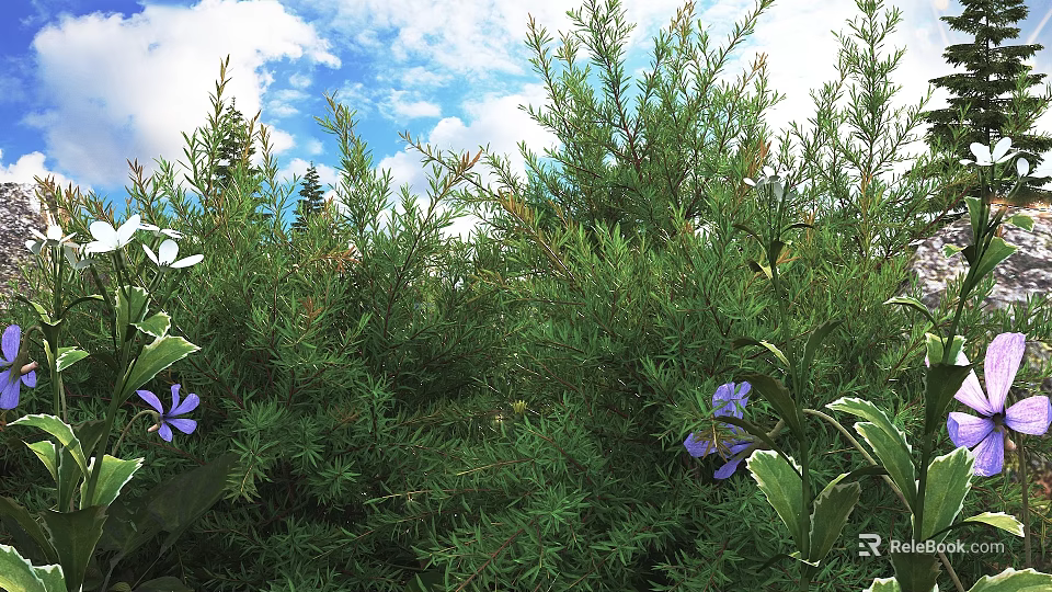 Lush Green Shrubs with Purple and White Flowers Against Blue Sky and Surrounding Trees 3d model 
