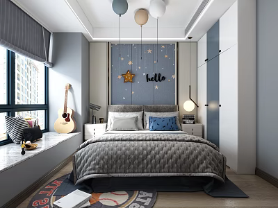 Modern Kids Bedroom Interior Design With Gray Quilt Bed Star Hello Wall Decor And Guitar 3d model