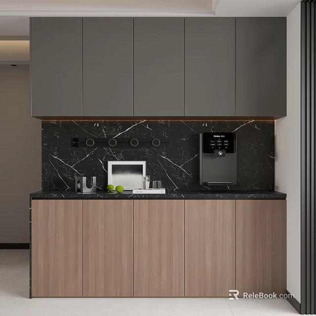 Modern Sideboard With Black Marble Countertop Wooden Cabinets Microwave Water Dispenser And Fresh Limes 3d model 
