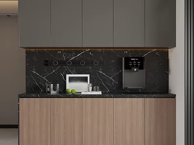 Modern Sideboard With Black Marble Countertop Wooden Cabinets Microwave Water Dispenser And Fresh Limes 3d model