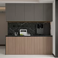 Modern Sideboard With Black Marble Countertop Wooden Cabinets Microwave Water Dispenser And Fresh Limes