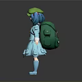 Game Movie Character With Blue Hair Green Hat Blue Dress And Green Backpack