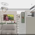 Modern Living and Dining Room Interior With White Sofa Green Walls Chandelier Decorative Paintings