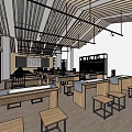 School Modern Learning Space With Wooden Ceiling Tables And Stools In Open Layout 3d model