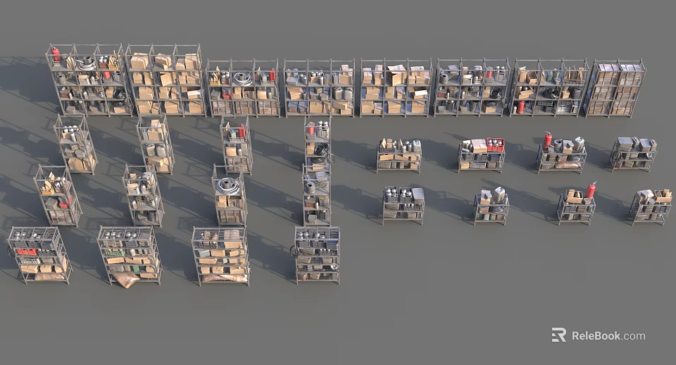 Industrial Equipment Metal Shelving Units for Warehouse Storage with Stacked Boxes and Various Items 3d model 