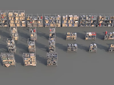 Industrial Equipment Metal Shelving Units for Warehouse Storage with Stacked Boxes and Various Items 3d model
