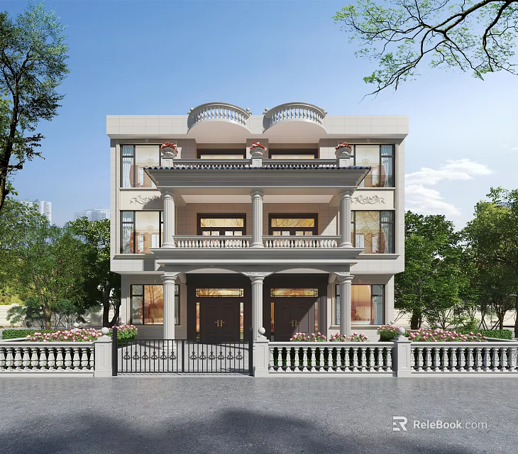 Classical Three Story Detached Villa With Balconies Columns Front Gate And Tree Surrounded Fence 3d model 
