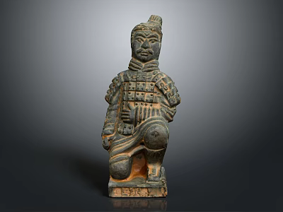 Detailed Ancient Terracotta Warrior Sculpture in Kneeling Armored Posture with Historical Artistry 3d model