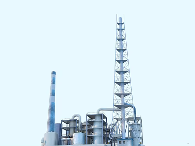 Modern Industrial Factory Building With Tall Tower Chimney And Metal Pipes 3d model