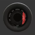 High Performance Car Tire With Black Alloy Wheel Rim Red Brake Caliper And Deep Tread Pattern
