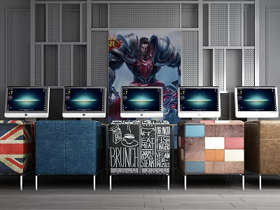 Entertainment Tables with Multiple Monitors Various Colorful Upholstered Designs and Background Poster 3d model