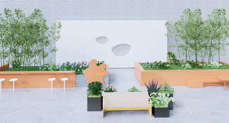 Modern Flower Bed And Planter Design With Various Shapes Green Plants And Colorful Flowers 3d model 