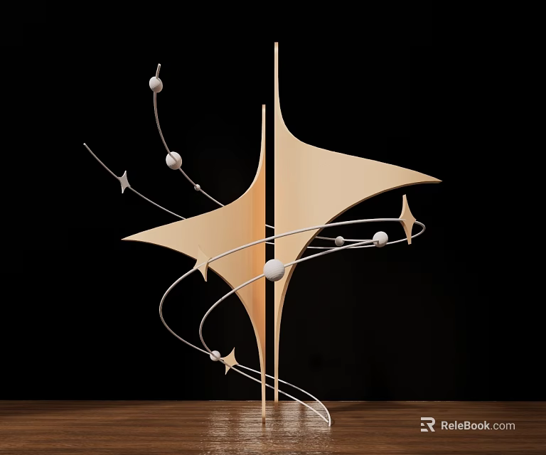 Golden Modern Sculpture With Star Shaped Design And Curved Lines On Wooden Base 3d model 