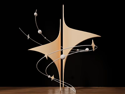 Golden Modern Sculpture With Star Shaped Design And Curved Lines On Wooden Base 3d model