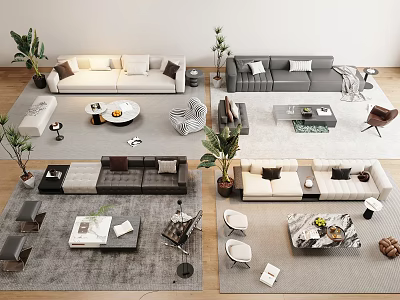 Modern Living Room Interior Featuring Various Sofa Coffee Table Sets And Decor Plants 3d model