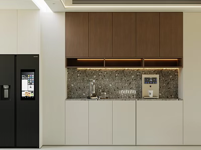 Modern Style Sideboard With White Cabinet Doors Dark Wooden Wall Cabinets And Stone Backsplash 3d model
