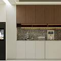 Modern Style Sideboard With White Cabinet Doors Dark Wooden Wall Cabinets And Stone Backsplash