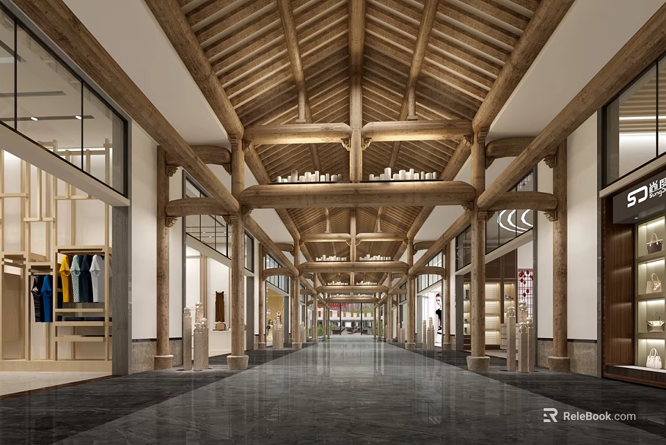Spacious Hotel Lobby Featuring High Wooden Ceiling Dark Stone Flooring And Side Display Areas 3d model 