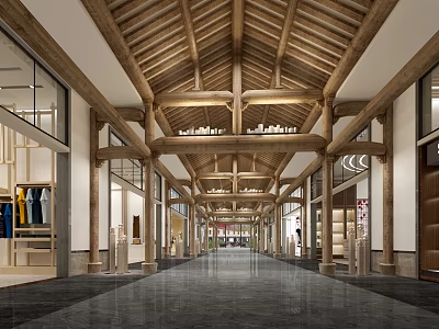 Spacious Hotel Lobby Featuring High Wooden Ceiling Dark Stone Flooring And Side Display Areas 3d model