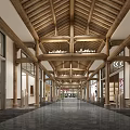 Spacious Hotel Lobby Featuring High Wooden Ceiling Dark Stone Flooring And Side Display Areas