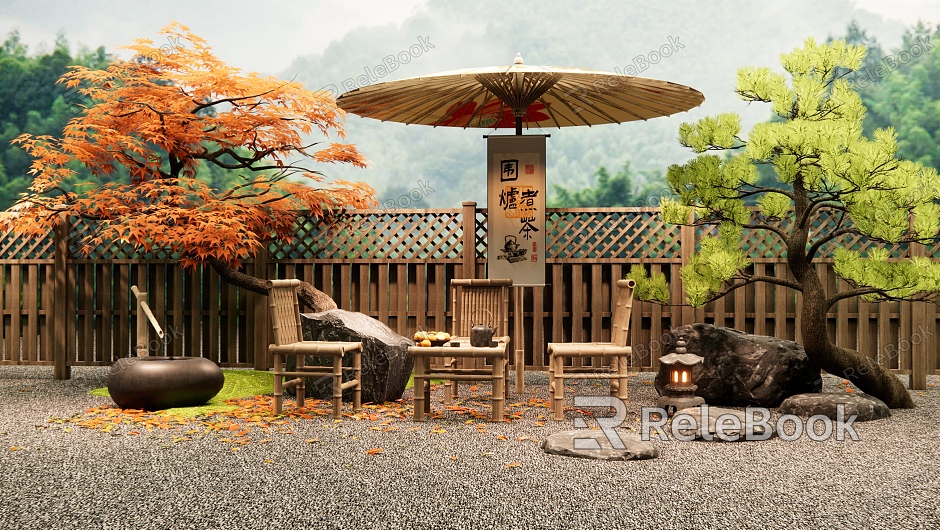 Chinese Style Outdoor Table and Chair Bamboo Woven Outdoor Chair Furnace Tea-making Stone Country Courtyard Landscape Red Maple Pine Tree Fence model