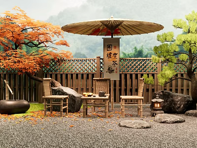 Japanese-style Bamboo Landscape Seats With Umbrella Stone Lanterns Maple Trees And Wooden Fence 3d model