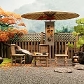 Japanese-style Bamboo Landscape Seats With Umbrella Stone Lanterns Maple Trees And Wooden Fence