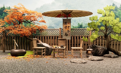 Chinese Style Outdoor Table and Chair Bamboo Woven Outdoor Chair Furnace Tea-making Stone Country Courtyard Landscape Red Maple Pine Tree Fence 3d model