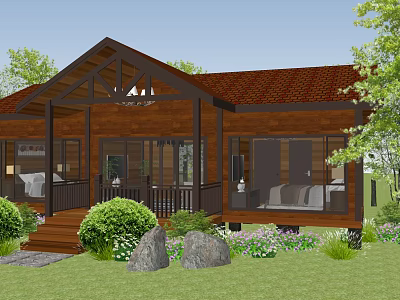 Wooden Guesthouse Building With Red Tile Roof Porch And Lush Greenery 3d model