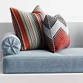 Blue Sofa With Geometric Pattern Pillows And Red Stripe Seat Cushions For Home Decor