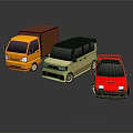 3D Rendered Cars Including Yellow Truck Beige Minivan And Red Sports Car