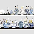 Ceramic Vessels With Blue And White Traditional Patterns On Decorative Shelf 3d model